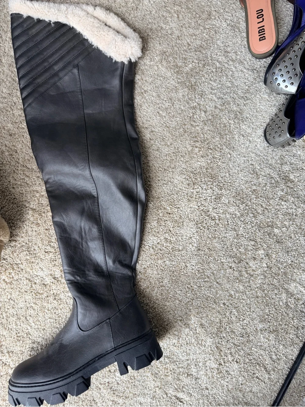 Fashion Nova Black Over-the-Knee Lug Sole Boots with Shearling Cuff